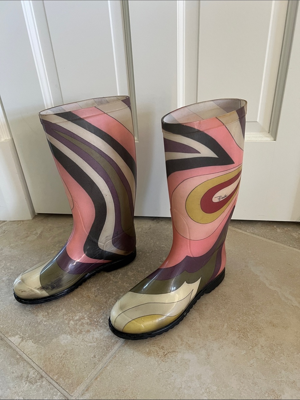 Vintage Emilio Pucci Pink Multicolor Swirl Rain Boots